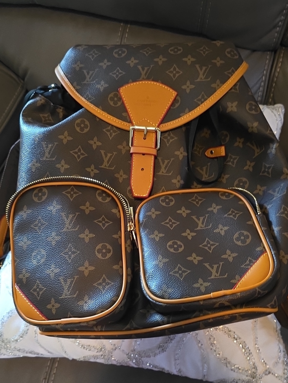 Louis Vuitton Brown Monogram Backpack with Tan Trim